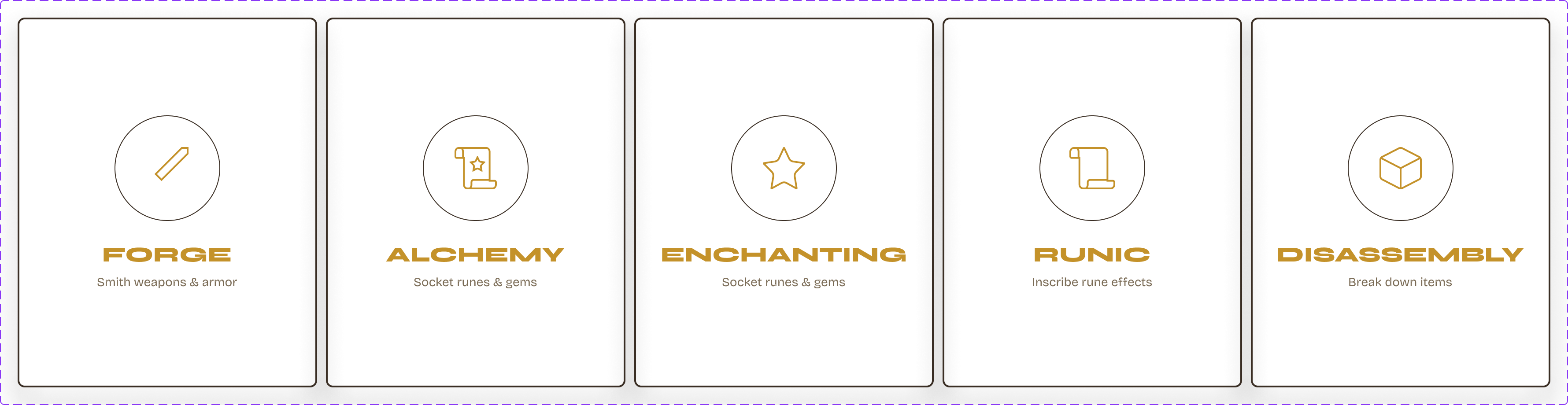 Crafting station select — Forge, Alchemy, Enchanting, Runic, Disassembly