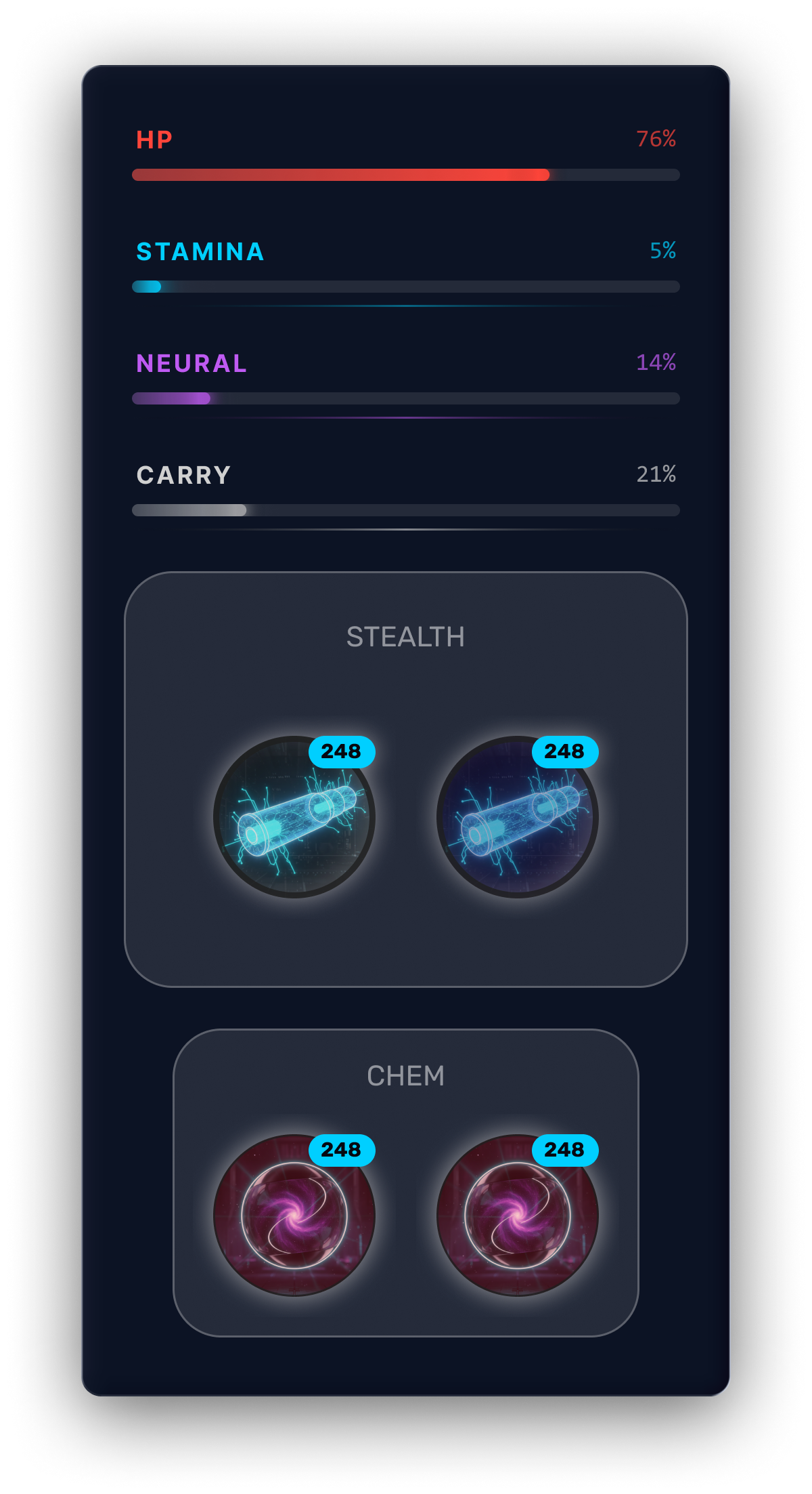 Stat bars — HP, Stamina, Neural, Carry