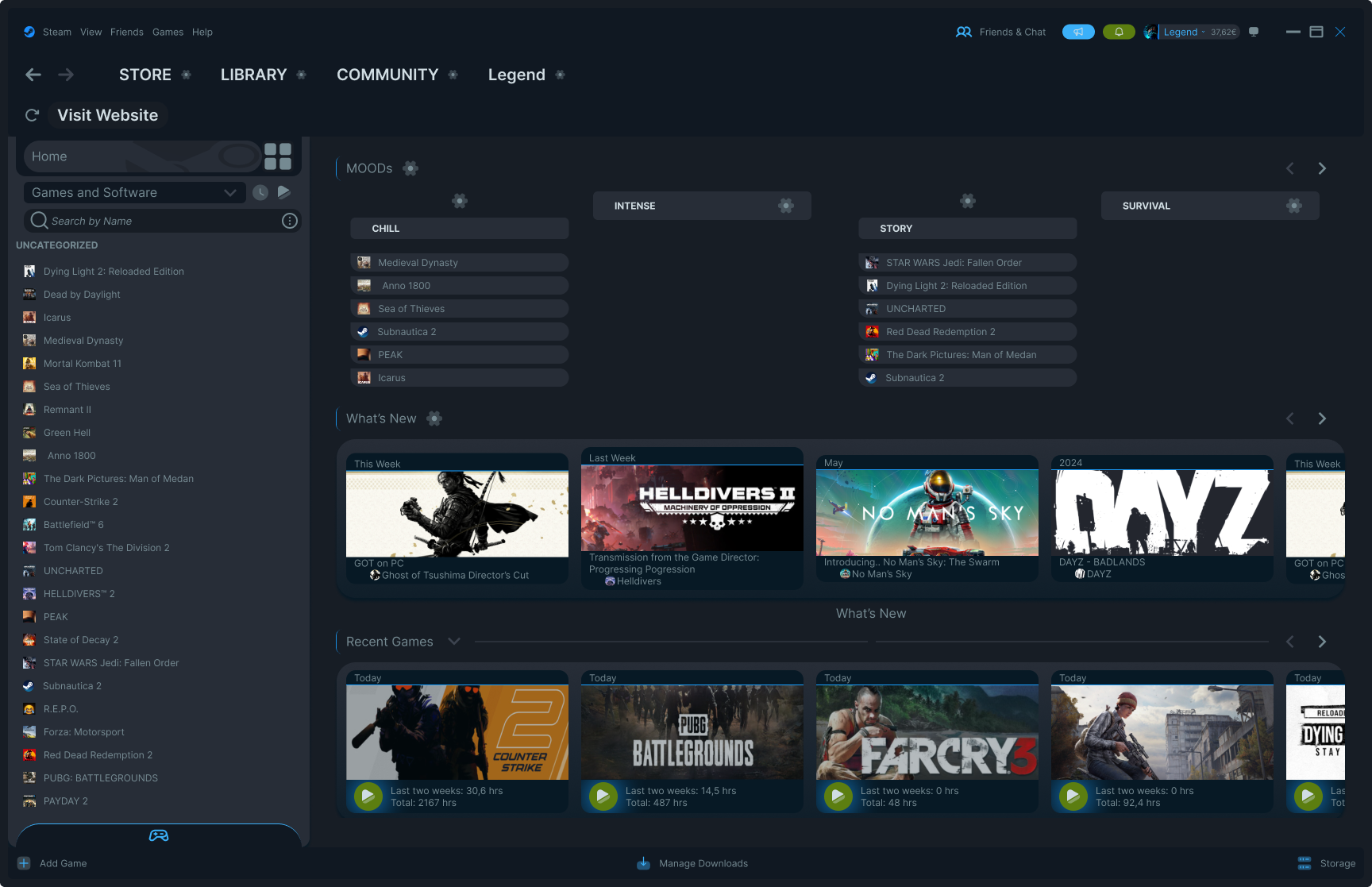 Steam Library — CHILL mood open, filtered game list
